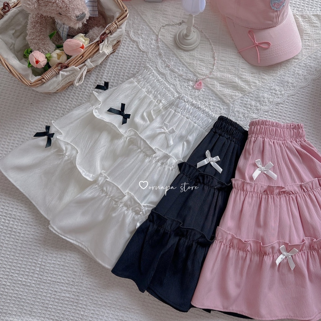 🌷🎀🪞กระโปรงระบายชั้นติดโบว์มินิ น่ารัก