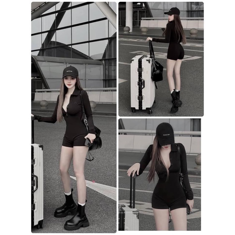 💕ShopBypuy💕จั๊มสูทขาสั้นกระดุมหน้าแขนยาว🖤เติมดำ🖤