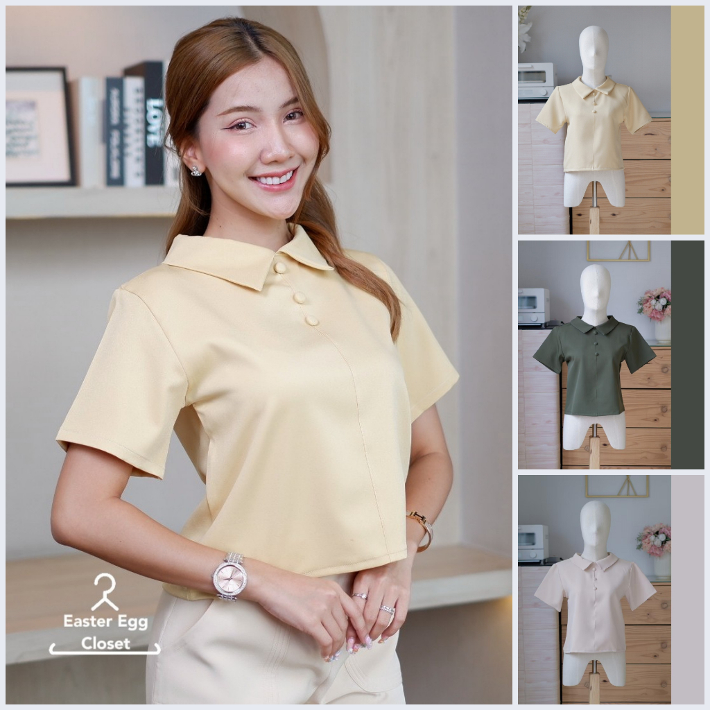 B13 เสื้อทํางานผู้หญิง เเขนสั้น คอปก แต่งกระดุมปั๊ม เป็นทรงเสื้อครอป มินิมอล Easter Egg