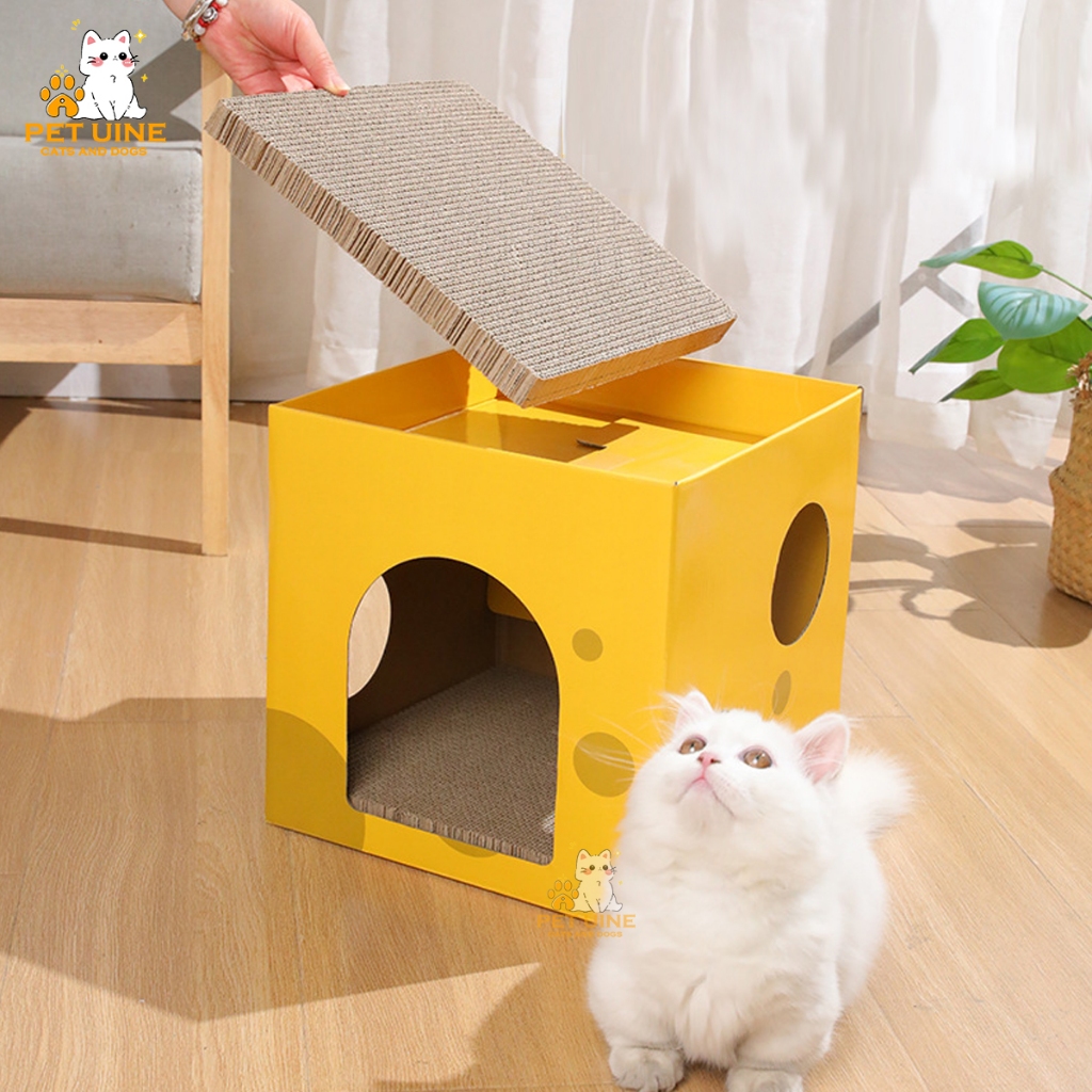 PET UINE-C5 บ้านแมว กล่องลับเล็บชีส ลับเล็บได้ 2 ชั้น กล่องกระดาษบ้านแมว ที่ข่วนเล็บแมว ที่นอนเเมว ของเล่นแมว รูปที่ 2