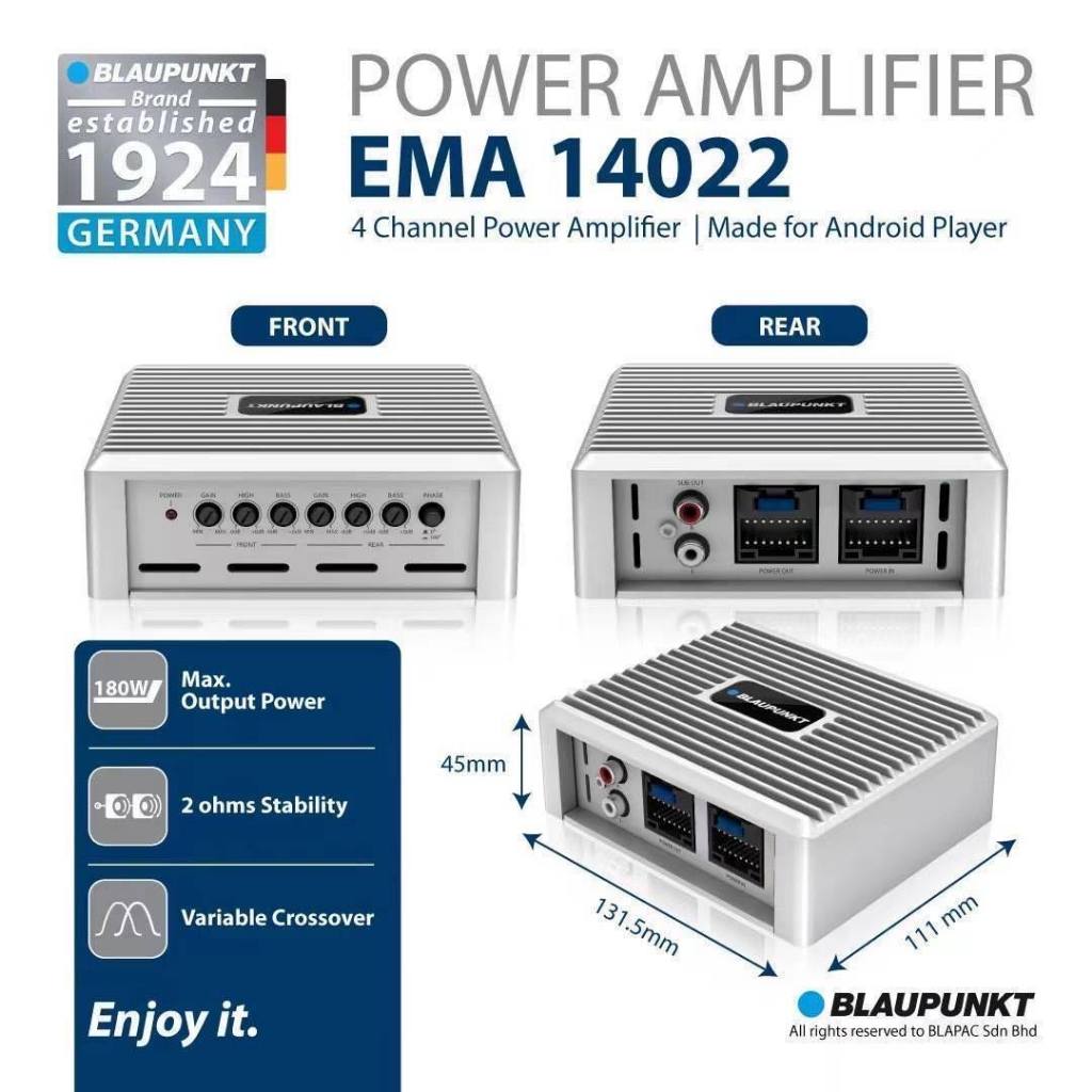 BLAUPUNKT EMA 14022 เพาเวอร์แอมป์ CLASS AB 4 CH. กำลังขับสูงสุด 72W x 4 มาพร้อมชุดสาย