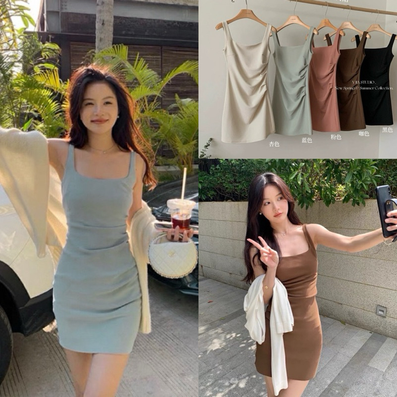 เดรสคอเหลี่ยมจับจีบด้านข้างรุ่น 9939-3 TAG Y.JIA STUDIO  🇰🇷