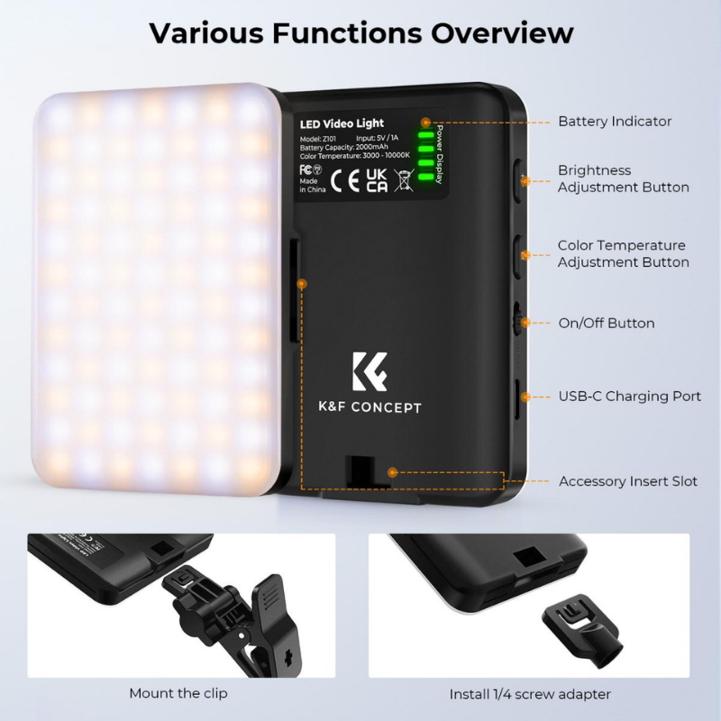 K&F Portable LED Video Light Suitable for Selfie, Vlog, Video (KF34.034)