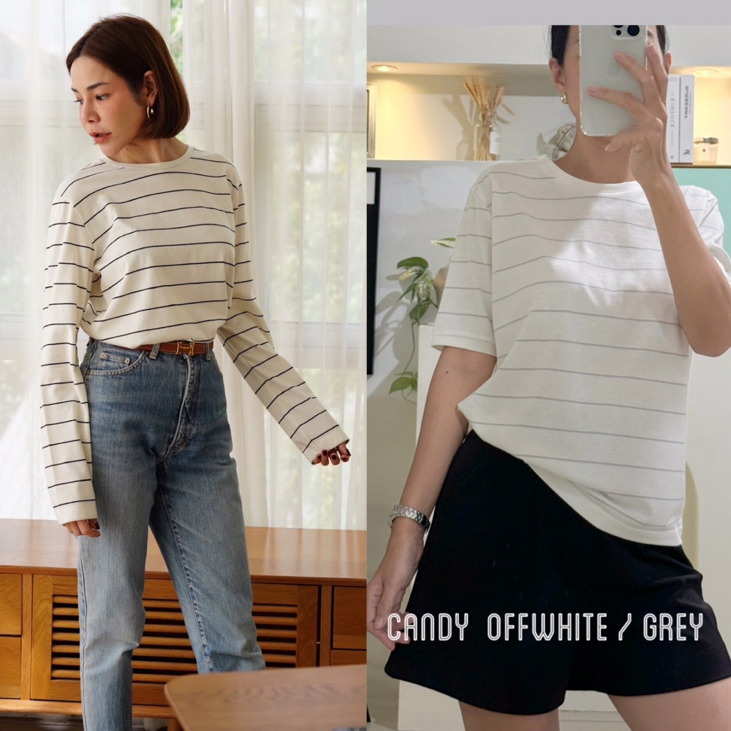 ใส่โค้ด BBWD12 ซื้อครบ 300 บาท ลดทันที 60 บาท Candy Long&Short เสื้อยืดเเขนสั้นเเขนยาวลายทางเนื้อผ้าคอตตอนออเเกนนิก