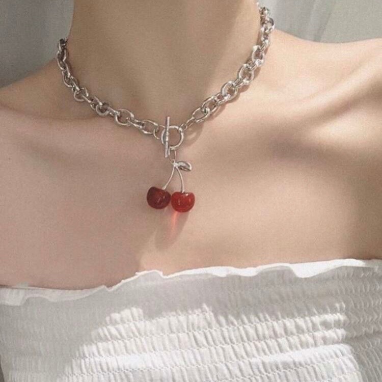 💖พร้อมส่งค่ะ💖 สร้อยคอจี้เชอรี่ สีแดง/ดำ สไตล์เกาหลีสำหรับผู้หญิง