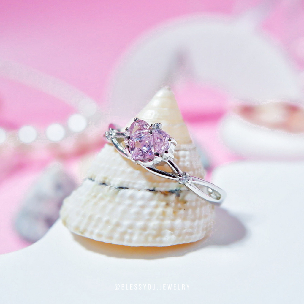 BYJ l แหวน หัวใจพระลักษมี ผูกโบว์ เพทายสีชมพู เสริมพลังดึงดูดรักแท้ เงินทอง โชคลาภ เงินแท้ 92.5% การันตีเงินแท้ HR01