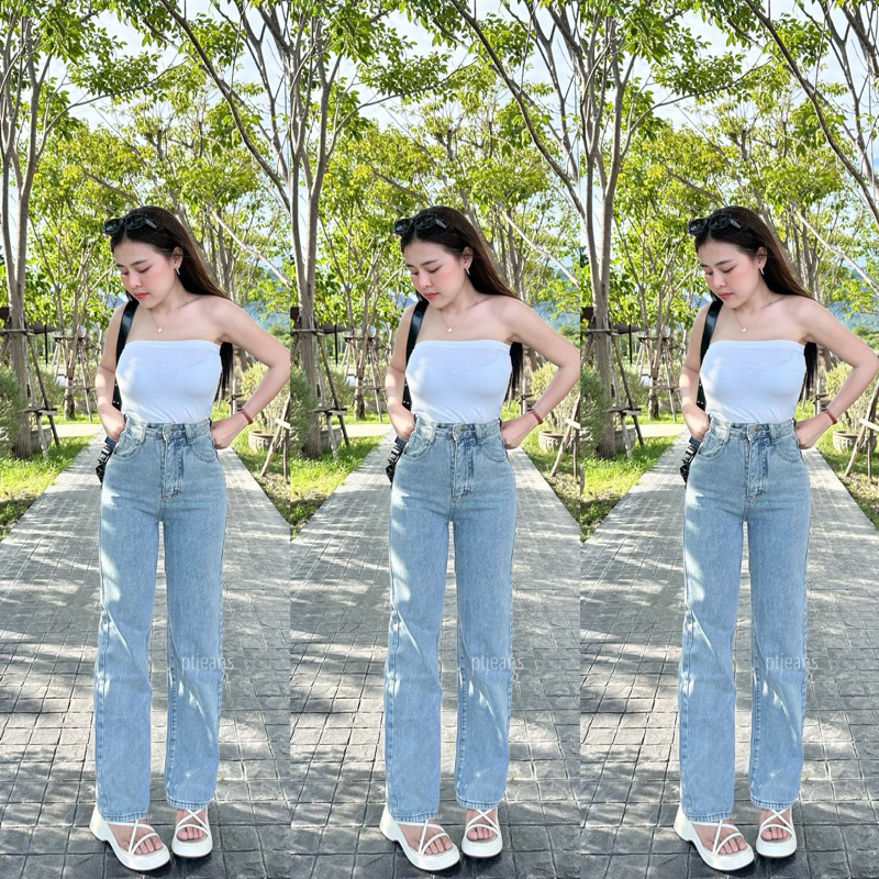 ยีนส์ป้าย Vintage (แท้) ทรงกระบอกกลาง เอวสูงเก็บพุง สีซีดนัว 9398