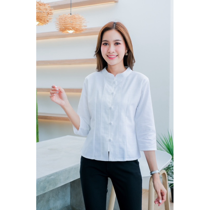 เสื้อคอจีนเข้ารูปขาว