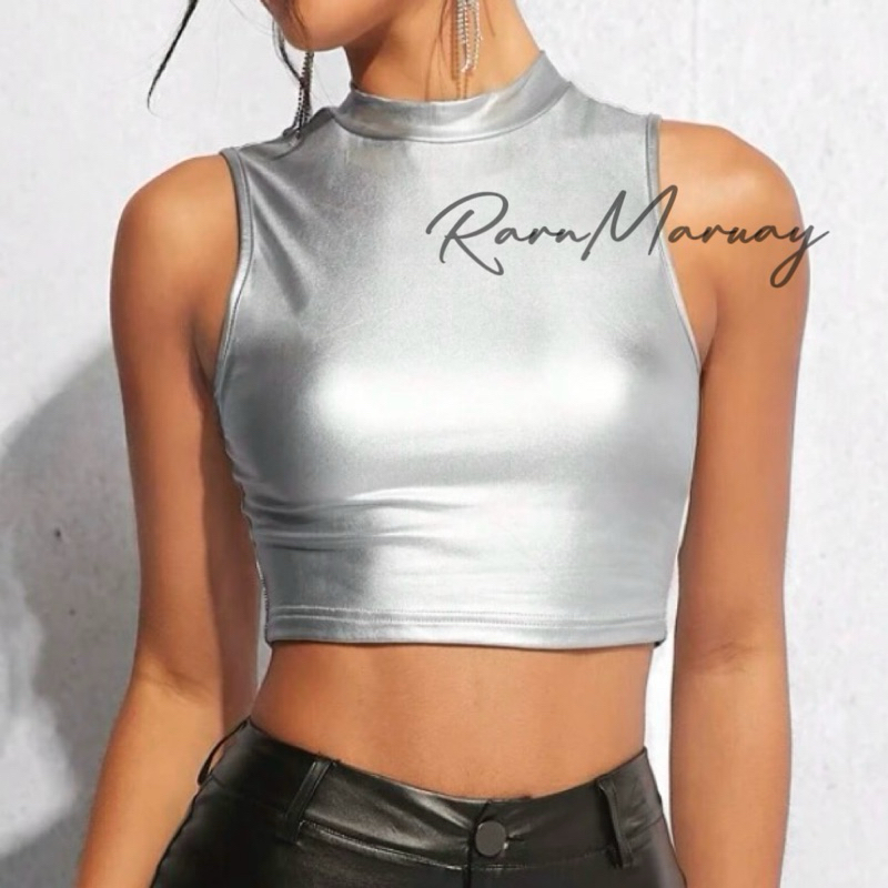 (พร้อมส่ง) เสื้อกล้าม คอตั้งทรงสูง สีเงิน หนัง PU R0012