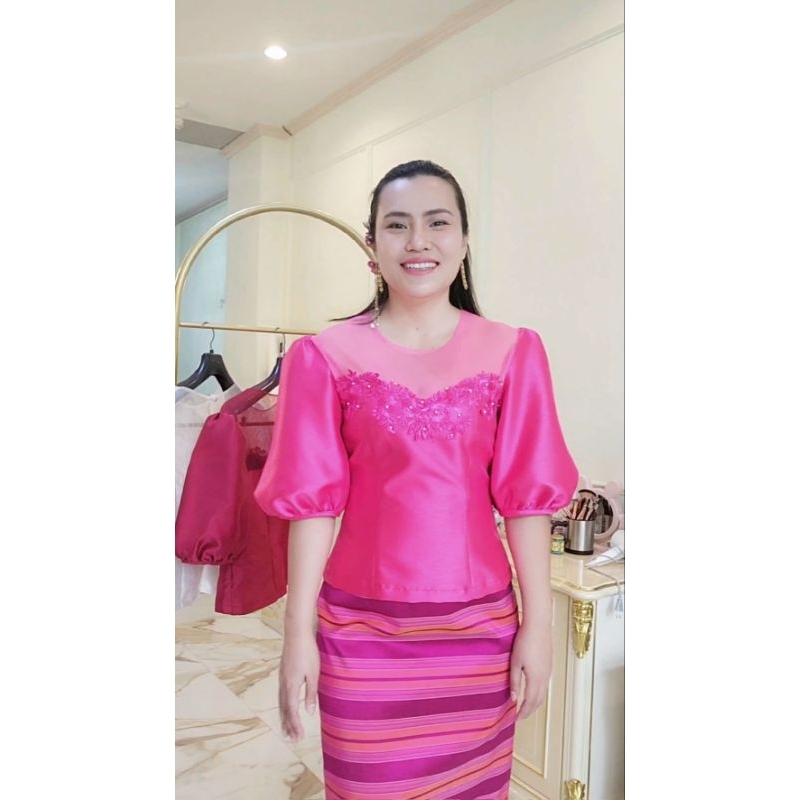 เสื้อผ้าไหมอิดตาลี่แขนบอลลูนแต่งลูกไม้ - รูปที่ 3