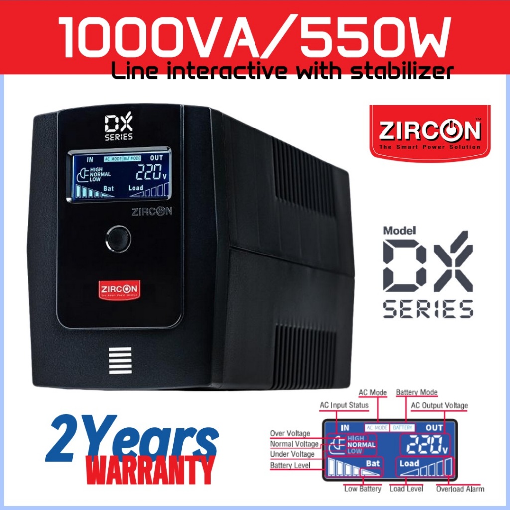 Hot-Sale! UPS (เครื่องสำรองไฟฟ้า) ZIRCON DX-SERIES 1000VA/550W ประกัน 2 ปี