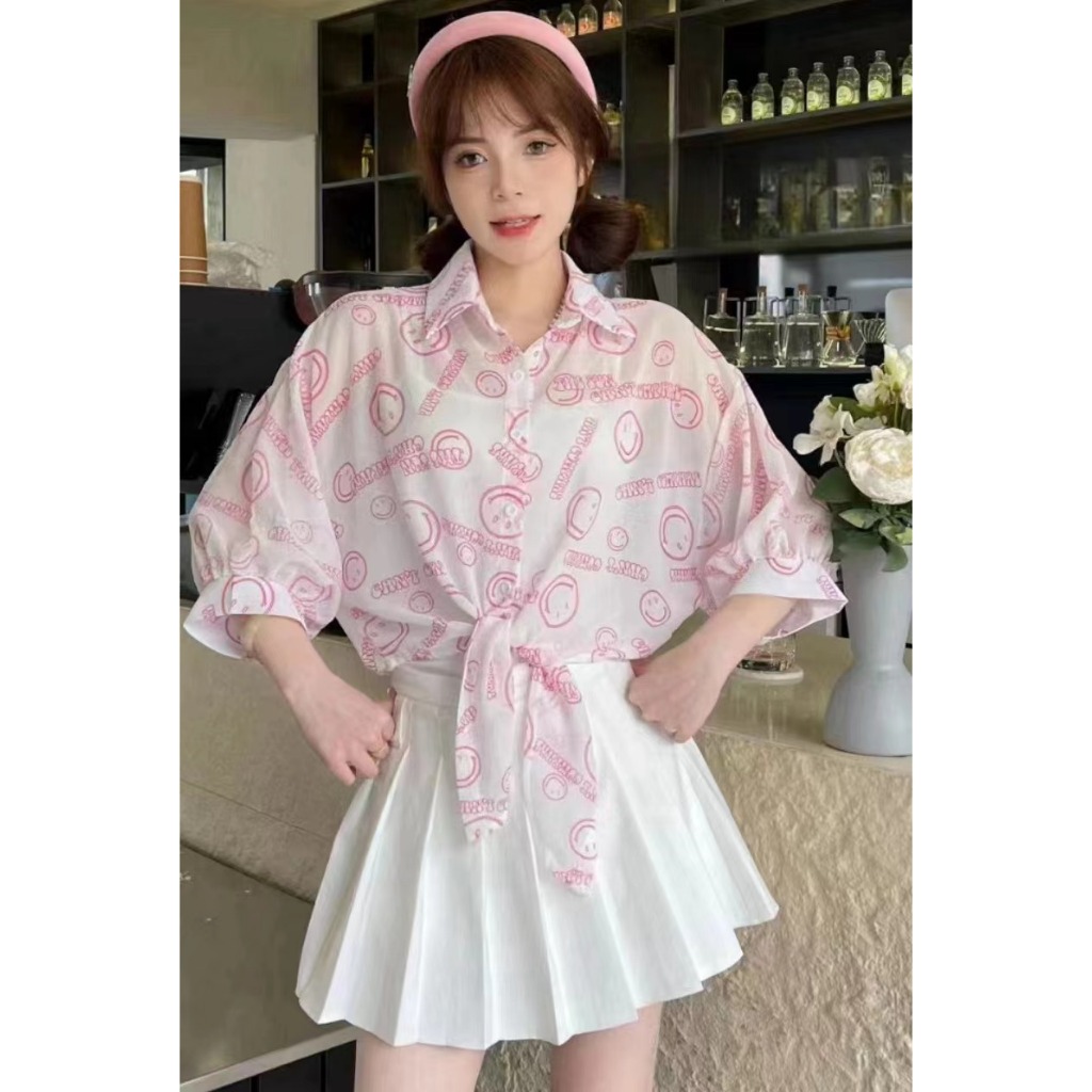 เสื้อแขนสั้นผู้หญิง เสื้อผ้าแฟชั่น เสื้อเชิ้ตผู้หญิงคอปกผ้าชีฟอง ทรงน่ารักมาก ทรงหลวม