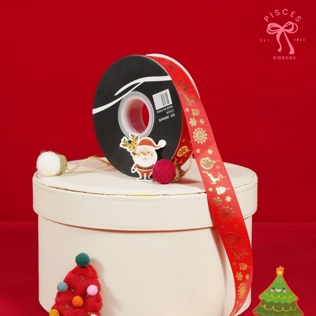 1 ม้วน【25 หลา】* ริบบิ้นผ้ากรอสเกรน สกรีนลาย CHRISTMAS COLLECTION 3 สี คริสต์มาส ผูกของขวัญ