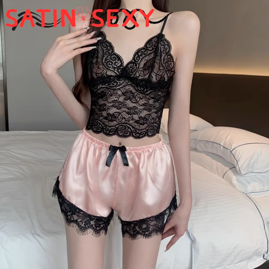 SATIN SEXY ชุดนอนเเซ่บๆ ชุดนอนเซ็ท2ชิ้น ชุดนอนซีทรู ไซต์ M-2XL นน.40-80 kg เสื้อเซ็กซี่พร้อมกางเกง S-061