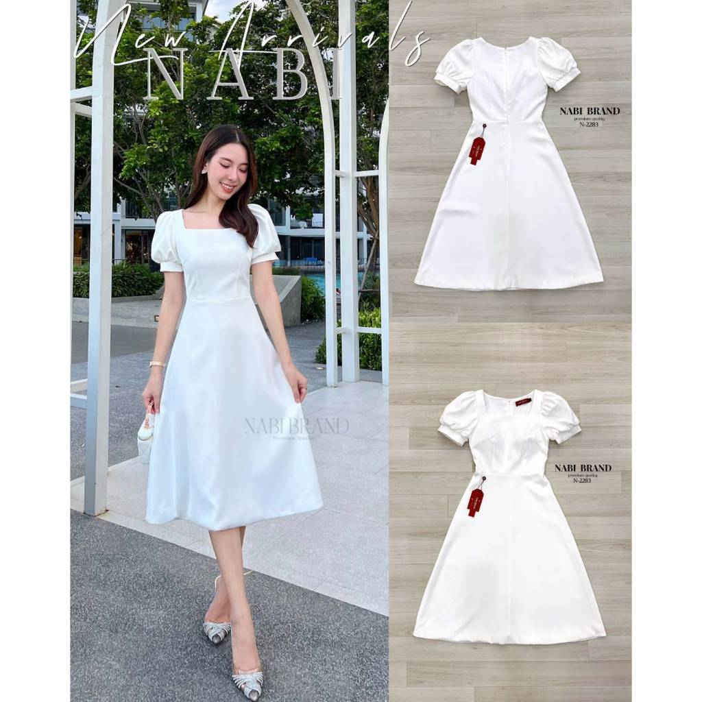 NABIBRAND Dressสายเรียบร้อย กระโปรงบานๆสีขาว (*รบกวนเช็คสต๊อกก่อนกดสั่งซื้อ)