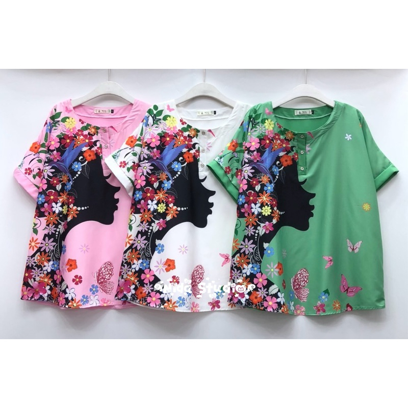 เสื้อคอกลมแขนสั้น ผ้าไหมอิตาลีพิมพ์ลาย คอกระดุม ใส่สบาย ฟรีไซส์ ไซส์ใหญ่