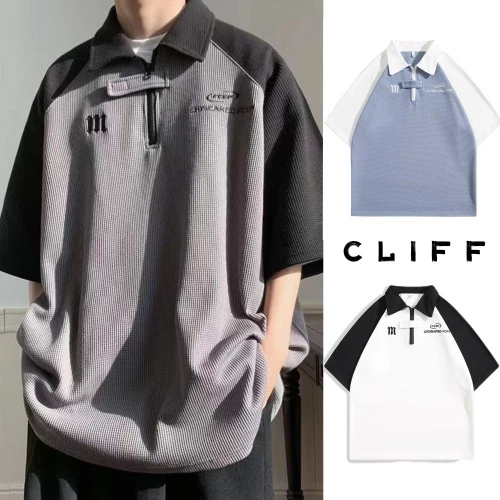 CLIFF เสื้อโปโลผู้ชาย ผ้าวาฟเฟิลด์ เสื้อสไตล์วิทยาลัย ซิปสีผสมแขนสั้น