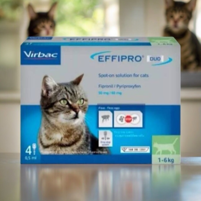 Virbac Effipro Duo Spot-On เอฟฟิโปร ดูโอ้ สปอต ออน ชนิดหยดหลังสำหรับแมว (1 กล่อง บรรจุ 4 หลอด)