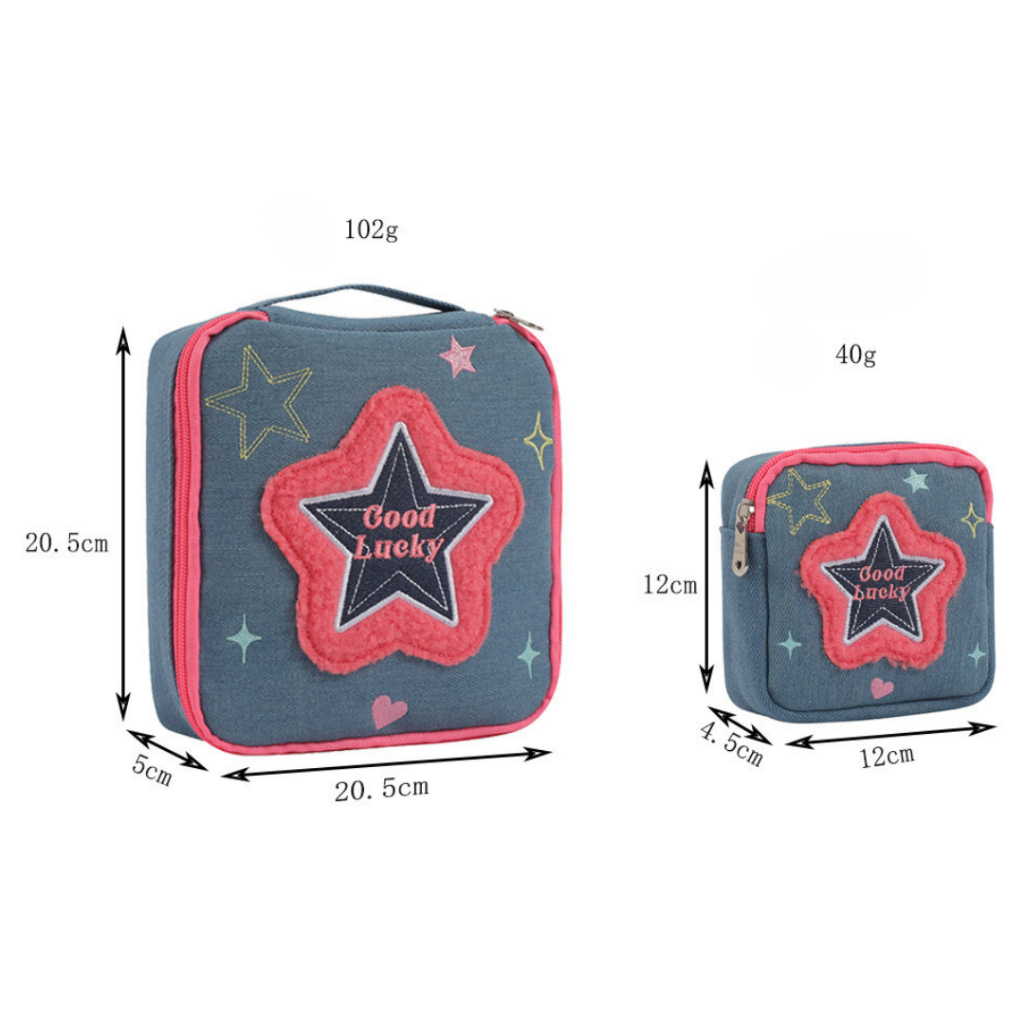 Denim Hisocute กระเป๋าเครื่องสำอางอเนกประสงค์แบบพกพา มี2ขนาด ผ้ายีนส์นิ่ม เก็บหูฟังใส่เหรียญ จัดระเบียบ สไตล์น่ารัก