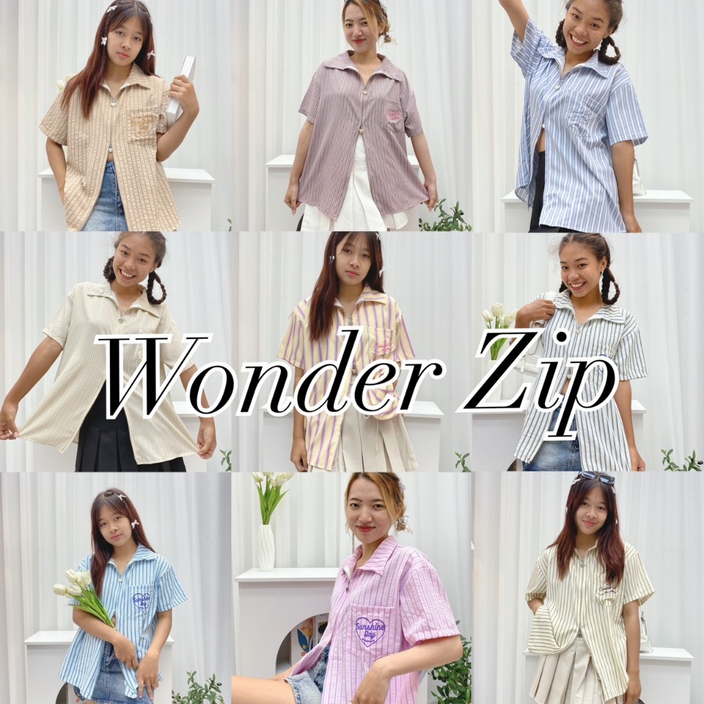 AMESTORE WONDER ZIP SHIRT เสื้อเชิ้ตซิปหน้า เสื้อเชิ้ตผู้หญิงซิปหัวใจ ใส่สบาย ทรงเชิ้ตแขนสั้นกระดุมหลัง ดีเทลปักกระเป๋าส