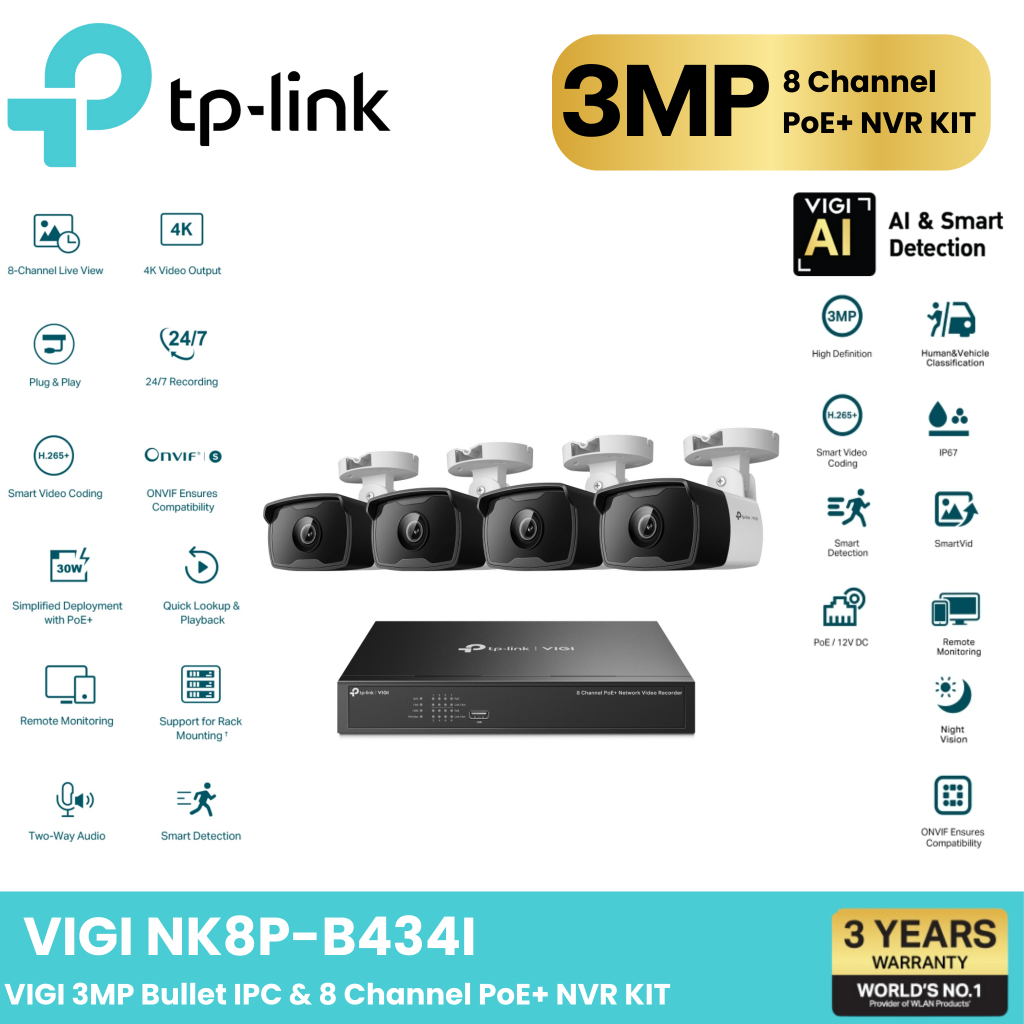 TP-Link  VIGI เซตกล้องวงจรปิด NK8P-B434I VIGI 3MP Bullet IPC & 8 Channel PoE+ NVR KIT