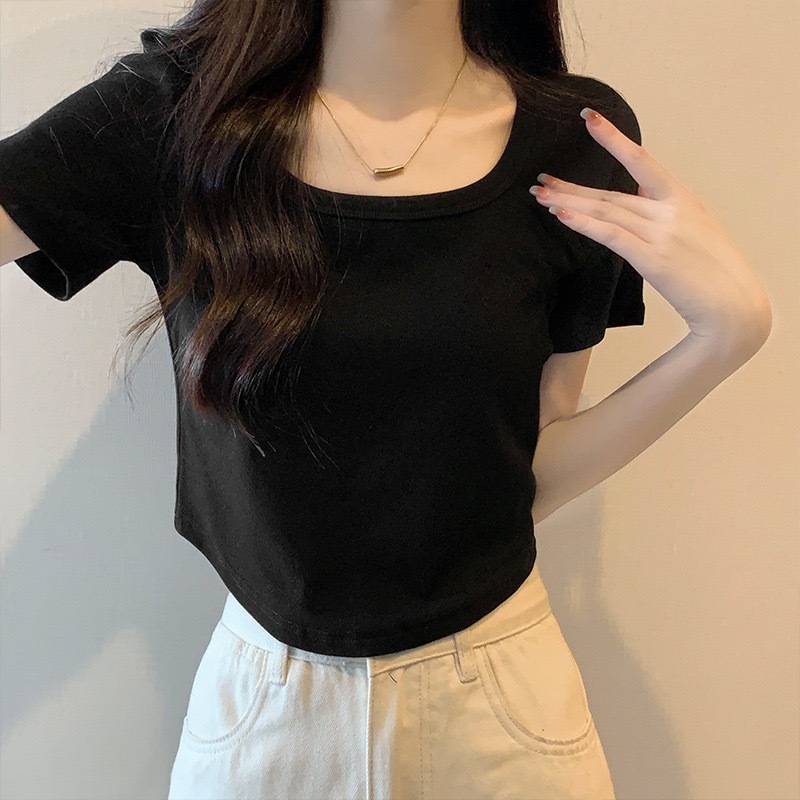 เสื้อยืดผู้หญิง คอกลมแขนสั้น เสื้อผ้าแฟชั่นผู้หญิง ฤดูร้อนรุ่นใหม่กระดูกไหปลาร้า เสื้อเข้ารูปเก๋ๆ
