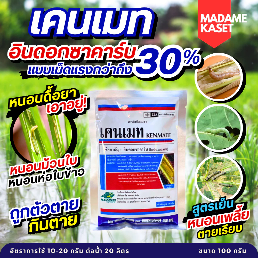 เคนเมท (อินดอกซาคาร์บ 30% WG) กำจัดหนอนดื้อยา หนอนม้วนใบ หนอนใบขาว หนอนคืบในผัก หนอนชอนใบ 100 กรัม