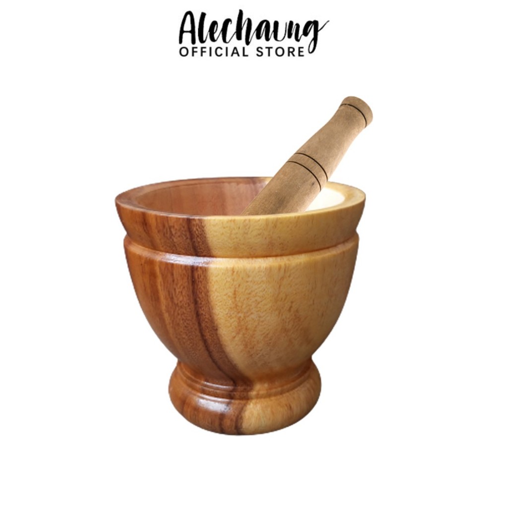 Alechaung ครกส้มตํา พร้อมสาก ครกตำน้ำพริก ไม้เกรด A 5-10นิ้ว สำหรับตำน้ำพริก บดอาหาร ตำส้มตำ ครกแตกจากขนส่งเคลมได้