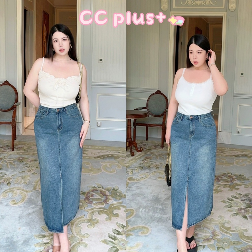 CiCi Plus+(630)กระโปรงยีนส์ยาว สีเฟดยีนส์อ่อน ผ่าหน้า มีติดตู้แมทช์ได้กับทุกลุคไม่ซ้า