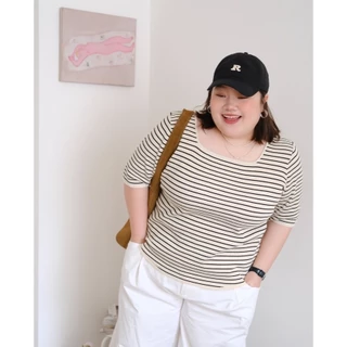 CiCi Plus+(A2143)เสื้อยืดไหมพรมลายทาง/สีพื้นคอกลม ผ้ายืด สไตล์สาวพลัสไซส์
