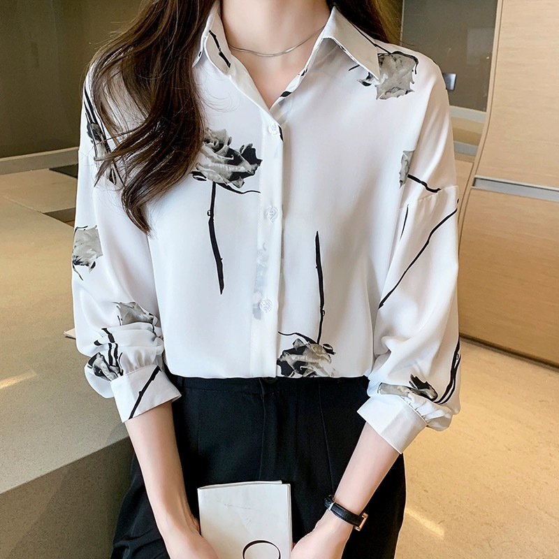 เสื้อชีฟองแขนยาวพิมพ์ลายดอกไม้เสื้อแขนยาวเสื้อผ้าลายดอกไม้ทรงหลวมพลัสไซส์เหมาะสำหรับมุสลิม