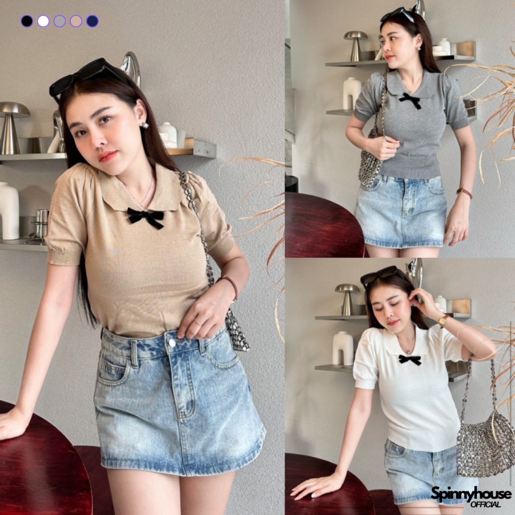 SpinnyHouse เสื้อครอปคอปกโปโล ผ้าไหมพรมยืดเยอะ   แขนสั้นแต่งไหล่ยก ทรงตุ๊กตา แต่งโบว์ช่วงอก เนื้อผ้านุ่ม รุ่น ผู้นำ – โปรปัง