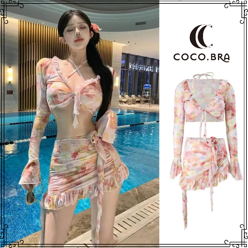พร้อ​มส่ง ชุดว่ายน้ำผู้หญิง set bikini ชุดว่ายน้ําลายดอกไม้ ผูกคอ บิกินี่แฟชั่น บิกินี่เซ็