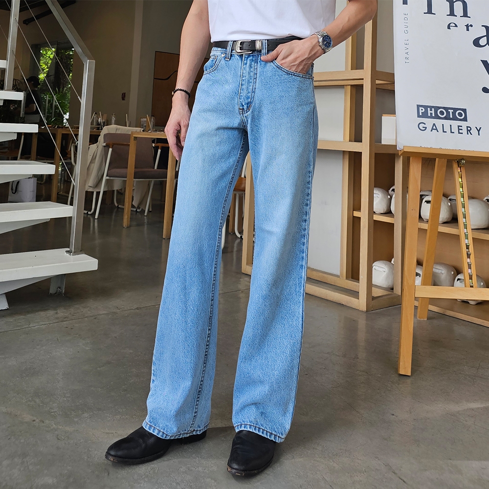 Golden Zebra Jeans กางเกงยีนส์ชายฟอกขัดด่างขากระบอกใหญ่สีฟ้าอ่อน ผ้าไม่ยืดเอวสูงไซส์เล็กไซส์ใหญ่ #210