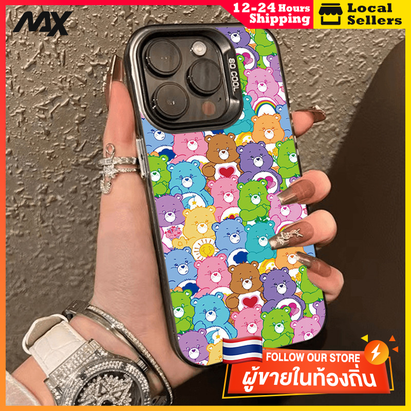 สีดำหรูหราซิลิโคนแข็งกรณีโทรศัพท์ หมีที่มีสีสัน for IPhone 13 12 7Plus 14 15 11 Pro MAX 8 6 7 6S Plus X XR XS