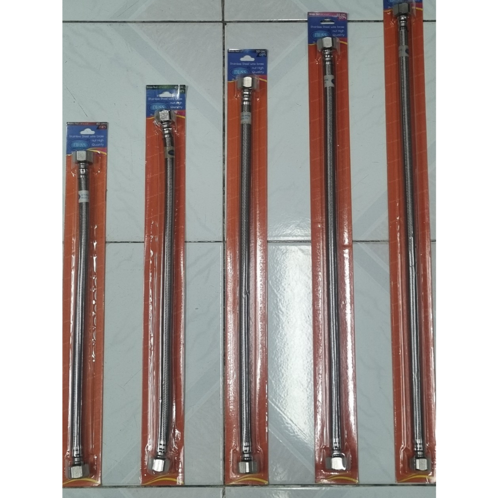 สายถักน้ำดีสแตนเลส 304 DUSS ความยาว 35-150 cm (14"-60") ขนาดน็อตขัน 1/2" (4 หุน) ทั้งสองข้าง