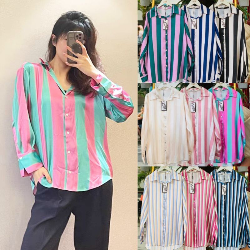 เสื้อเชิ้ตลายทางแขนยาว ผ้าซาตินเงานิ่ม ใส่เที่ยว ใส่ทำงาน ใส่ได้ทุกโอกาส