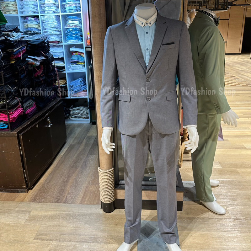 YDfashion Shop สูทผู้ชายเข้ารูป สูทสีเทา สีเทาชาโคล 2 กระดุม งานตัดใหม่ซับในทั้งตัว ตัดขากางเกง พร้อ