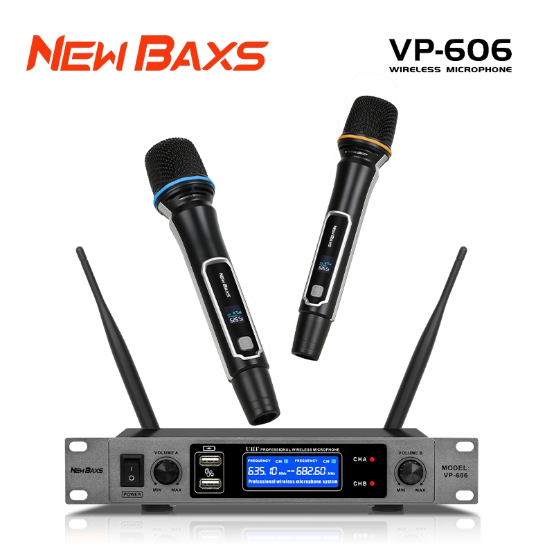 NEW BAXS VP-606 ไมโครโฟนไร้สายระดับมืออาชีพ 2 ตัวพร้อมฟังก์ชั่นตรวจจับ USB ความถี่ที่ปรับได้ ระยะรับ UHF 80