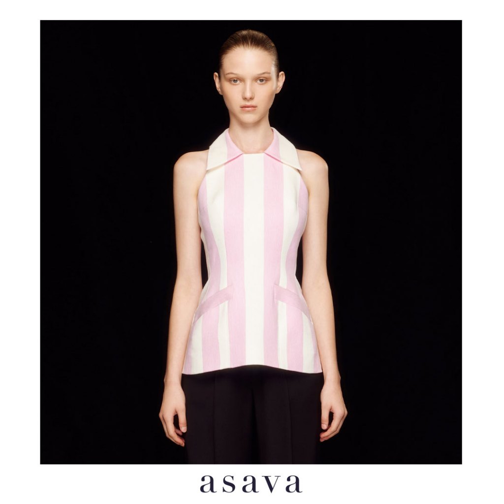 [asava ss24] Savannah Collared Halter Top เสื้อผู้หญิง มีปก เว้าแขน แต่งตะเข็บด้านหน้า กระเป๋าหน้า ซิปหลัง ผ้าลายทาง