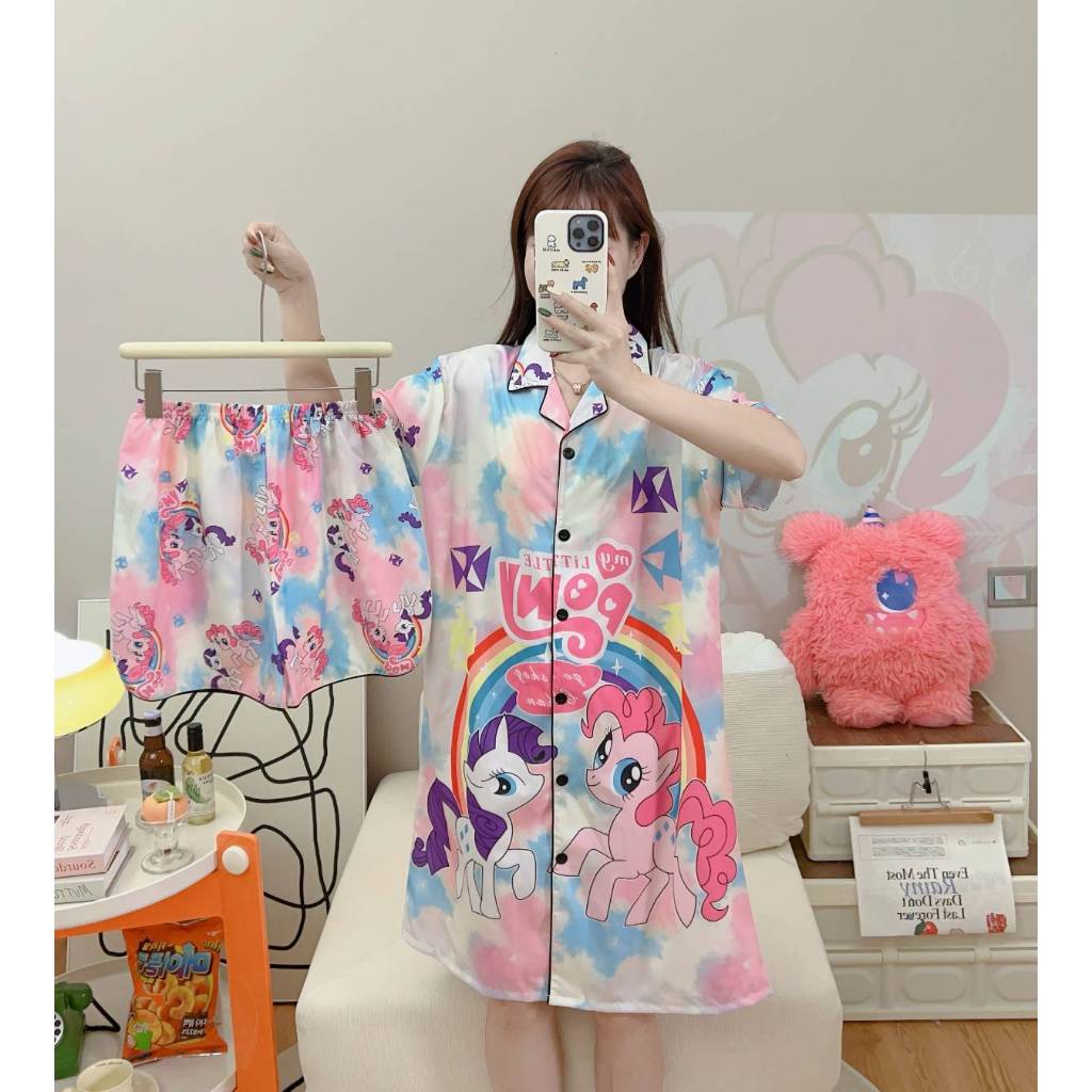 ชุดนอนกระโปรงผ้าไหมอิตาลีลายการ์ตูน + กางเกงขาสั้น 2XL