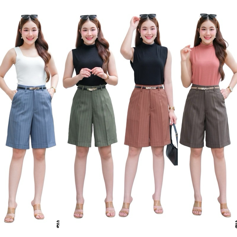 กางเกงขาสั้น3ส่วนทรงเอเอวสูงผ้าโซดาทอลายริ้วตะขอหน้ามีS-3XL