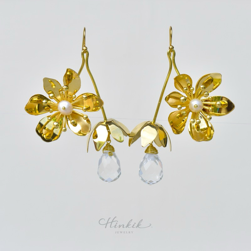 Hinkik Jewelry ต่างหู กล้วยไม้ ดอกไม้ หินควอทซ์ ไข่มุก มุกแท้