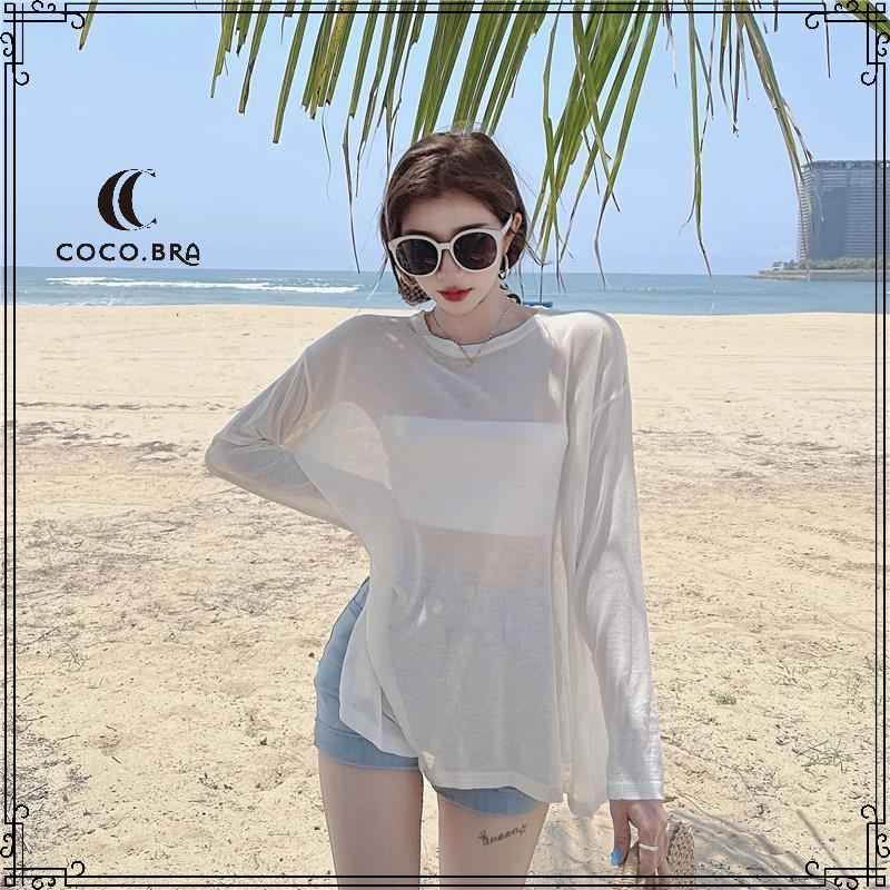 พร้อ​มส่ง เสื้อยืดแขนยาวสีขาวโอเวอร์ไซส์ เสื้อไปทะเล ชุดป้องกันแสงแดดของผู้หญิงเกาหลี เสื้อผ้ามินิมอลวัยรุ่น แฟชั่น