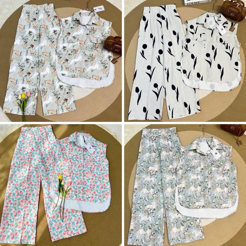 𝑨𝒍𝒊𝒄𝒆 𝐇𝐎𝐓 SET ชุดเซ็ตเกาหลี ผ้าดิจิตอลพิมพ์ลายเนื้อดีมากค่า เสื้อครอปแขนกุด กระดุมหน้า แมชมากับกางเกงขายาว