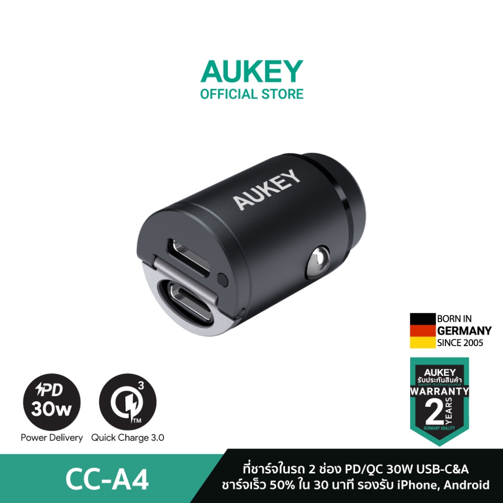 AUKEY CC-A4 ที่ชาร์จเร็วในรถ USB-C Power Delivery 30W Metal Dual Port Fast Car Charger รุ่น CC-A4