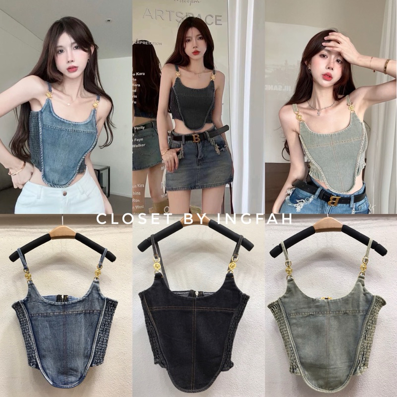 smock jeans เสื้อสายเดี่ยว ครอป ยีนส์สมอคหลัง ลุคเซ็กซี่