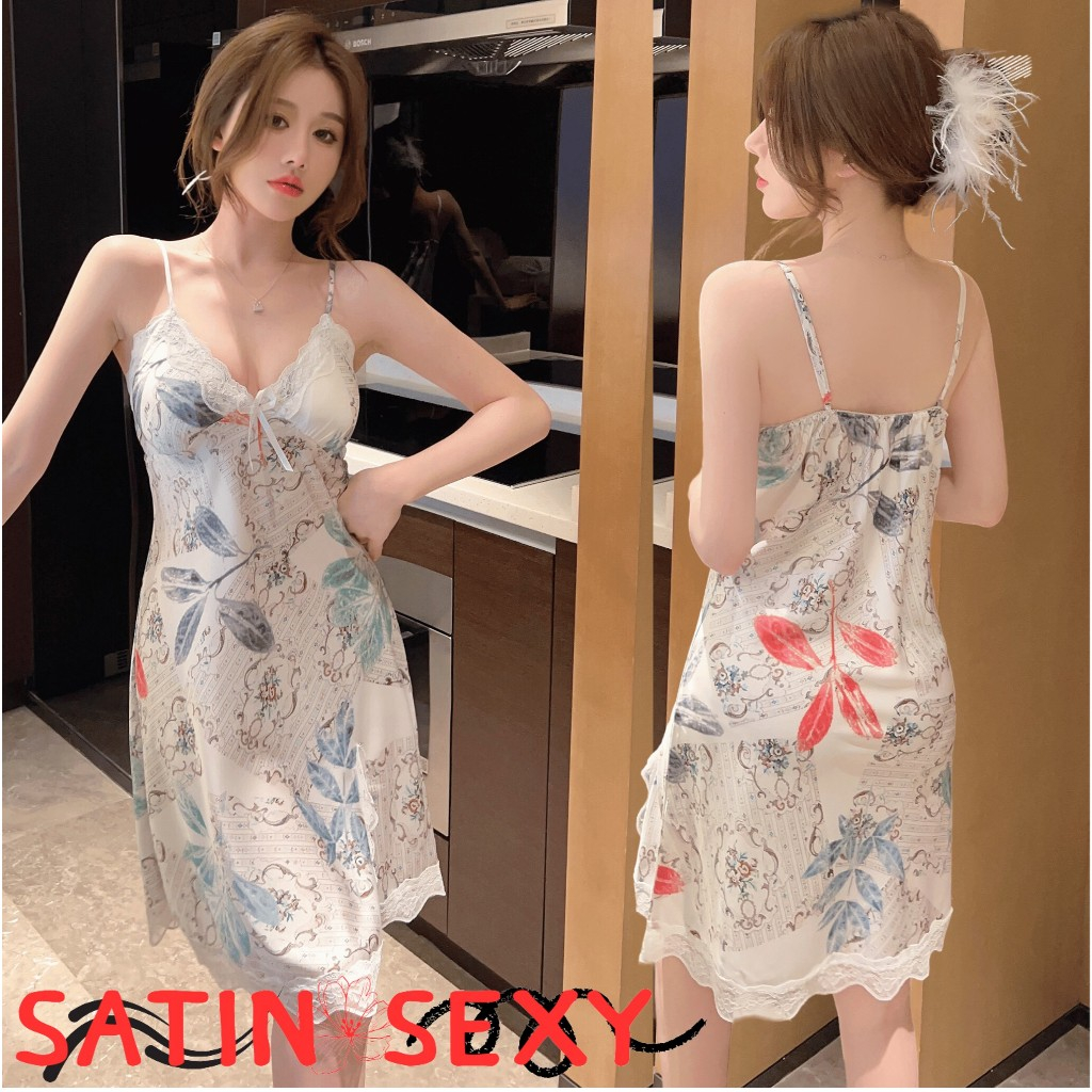 SATIN SEXY ชุดนอนลายลูกไม้ ชุดนอนผ้าซาติน ชุดนอนกระโปรง 💐 มีไซต์ใหญ่ M-5XL ได้ถึง 40-100kg หน้าอกแต่งลูกไม้ D-001