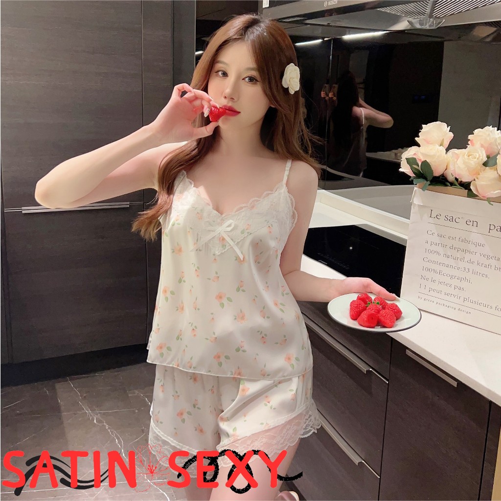 SATIN SEXY ชุดนอนซาติน ชุดนอนเสื้อกางเกง ชุดนอนน่ารัก 🌻ไซต์ M-5XL นน 40-100 kg ลายดอกไม้ D-022