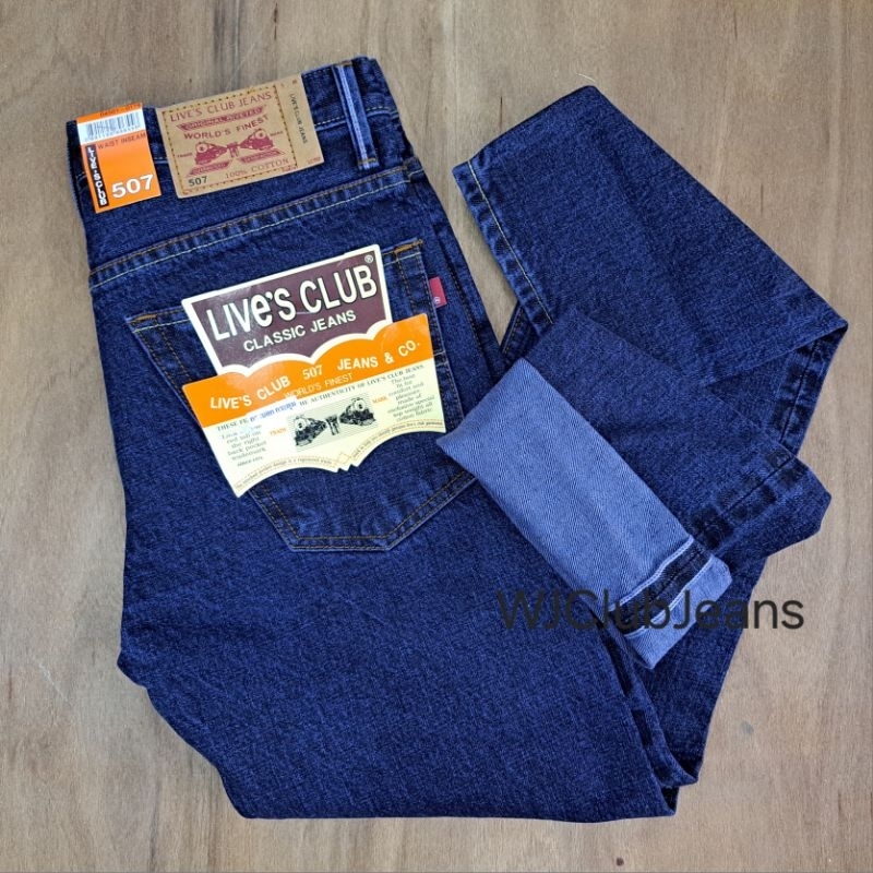 กางเกงยีนส์ริมแดงแท้ 100% ขากระบอกเล็ก กระดุม สียีนส์เข้มฟอกไม่ยืด